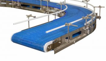A modular AquaPruf conveyor from Dorner with a curved design to save space.